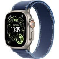 Apple Watch Ultra 3, 49mm titanium case, blue band, GPS + Cellular, digital display with green and white accents.