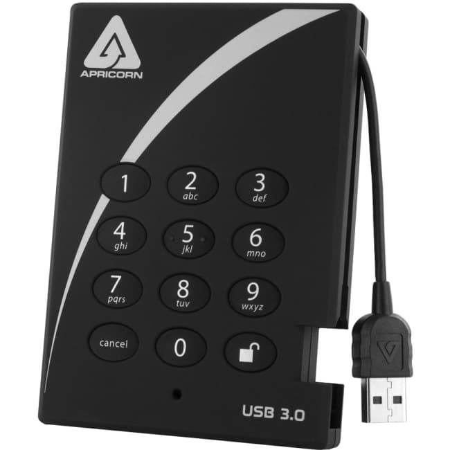 Black Apricorn Aegis Padlock external hard drive with a numeric keypad, USB 3.0 connection, and a sleek design, featuring a compact and durable casing.