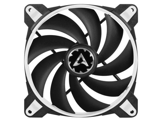 Black and silver ARCTIC BioniX F140 gaming fan featuring a unique blade design, PWM control, and a durable plastic frame for efficient cooling performance.