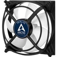 Black ARCTIC F9 PRO TC fan with white blades, blue center label, and 3-pin connector in a square frame.