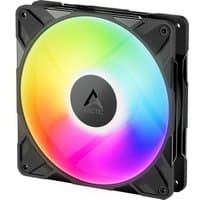 Black ARCTIC P14 Pro A-RGB 140 mm PWM fan with vibrant rainbow LED lighting and central Arctic logo.