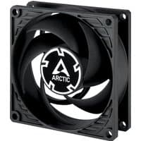 Black Arctic P8 Max 80mm PWM fan with five curved blades and square frame.