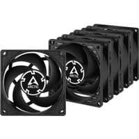 Black ARCTIC P8 Value Pack, pressure-optimised 80 mm fans with curved blades and central logo, set of five fans.