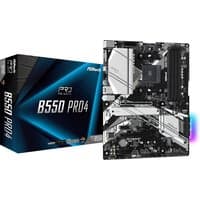 ASRock B550 Pro4 ATX motherboard, black with silver accents, multiple slots, and ports, next to branded box.