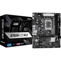 ASRock B760M-H2/M.2 micro ATX motherboard, black with silver accents, next to its branded black and silver box.