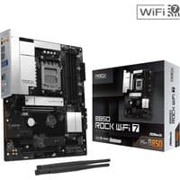 ASRock B850 Rock WiFi 7 ATX motherboard, black with silver accents, 4 DDR5 slots, AM5 socket, includes antenna.