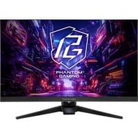 ASRock Phantom Gaming 27-Inch FHD Monitor with slim bezels, RGB lighting, and a futuristic cityscape on the screen.