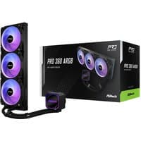 ASRock Pro 360 ARGB AIO Liquid CPU Cooler with 360mm radiator, three 120mm fans, and RGB lighting, black and purple design.