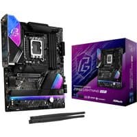 ASRock Z890 Lightning WiFi motherboard, black with RGB lighting, LGA 1851 socket, includes antennas and colorful packaging.