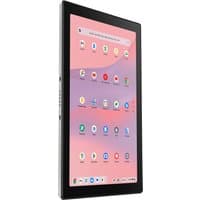 Silver ASUS Chromebook tablet with 10.5" touchscreen, slim bezels, and ChromeOS interface displaying app icons.