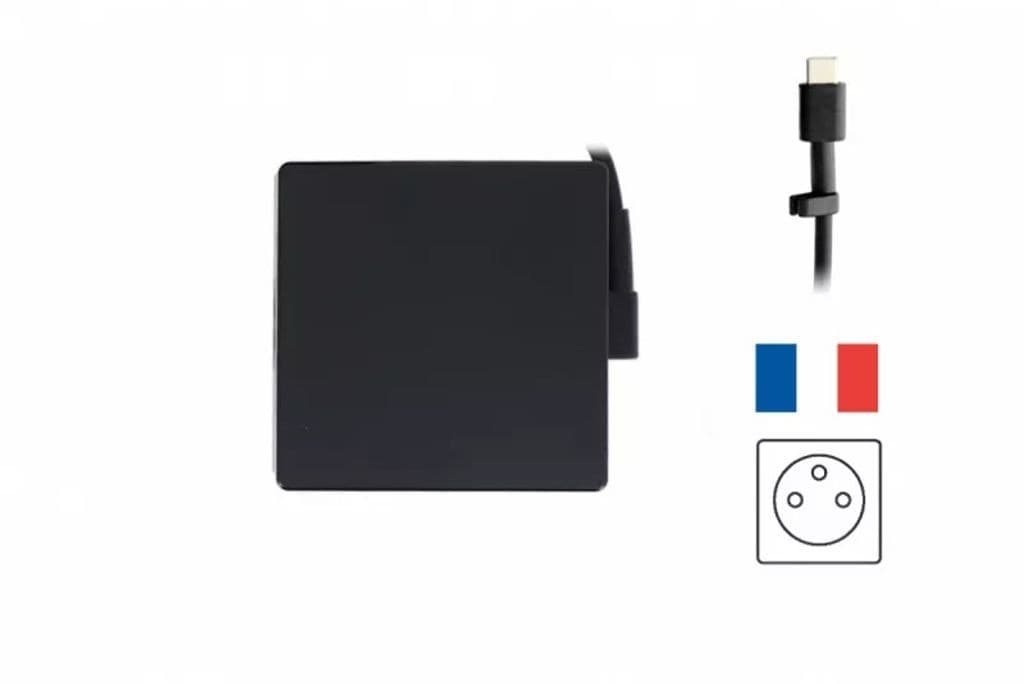 Black square power adapter with a Type-C connector, featuring a sleek design and a short cable, accompanied by icons of a French plug and a three-pin socket.