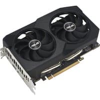 ASUS Dual RX7600 graphics card, black with dual fans, silver heat pipes, and PCIe connector.