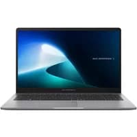 Grey ASUS ExpertBook laptop with 15.6" screen, sleek design, black keyboard, and Windows 11 interface displayed.