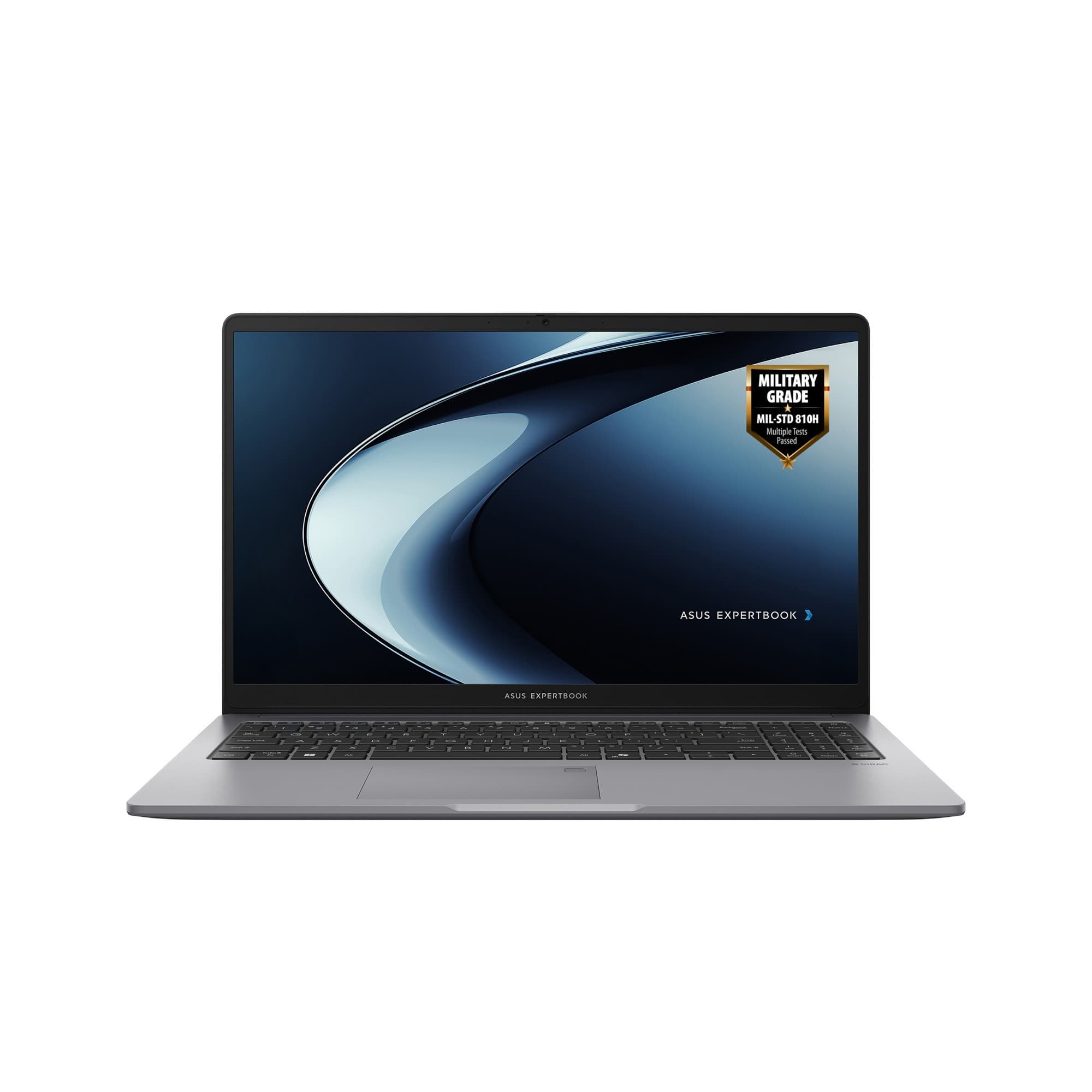 Sleek grey ASUS ExpertBook P1 laptop with a 15.6" Full HD display, featuring a minimalist design, backlit keyboard, and military-grade durability badge.