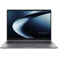 ASUS ExpertBook P3 laptop with sleek black design, 40.6 cm display, thin bezels, and Ryzen AI 7 branding on screen.
