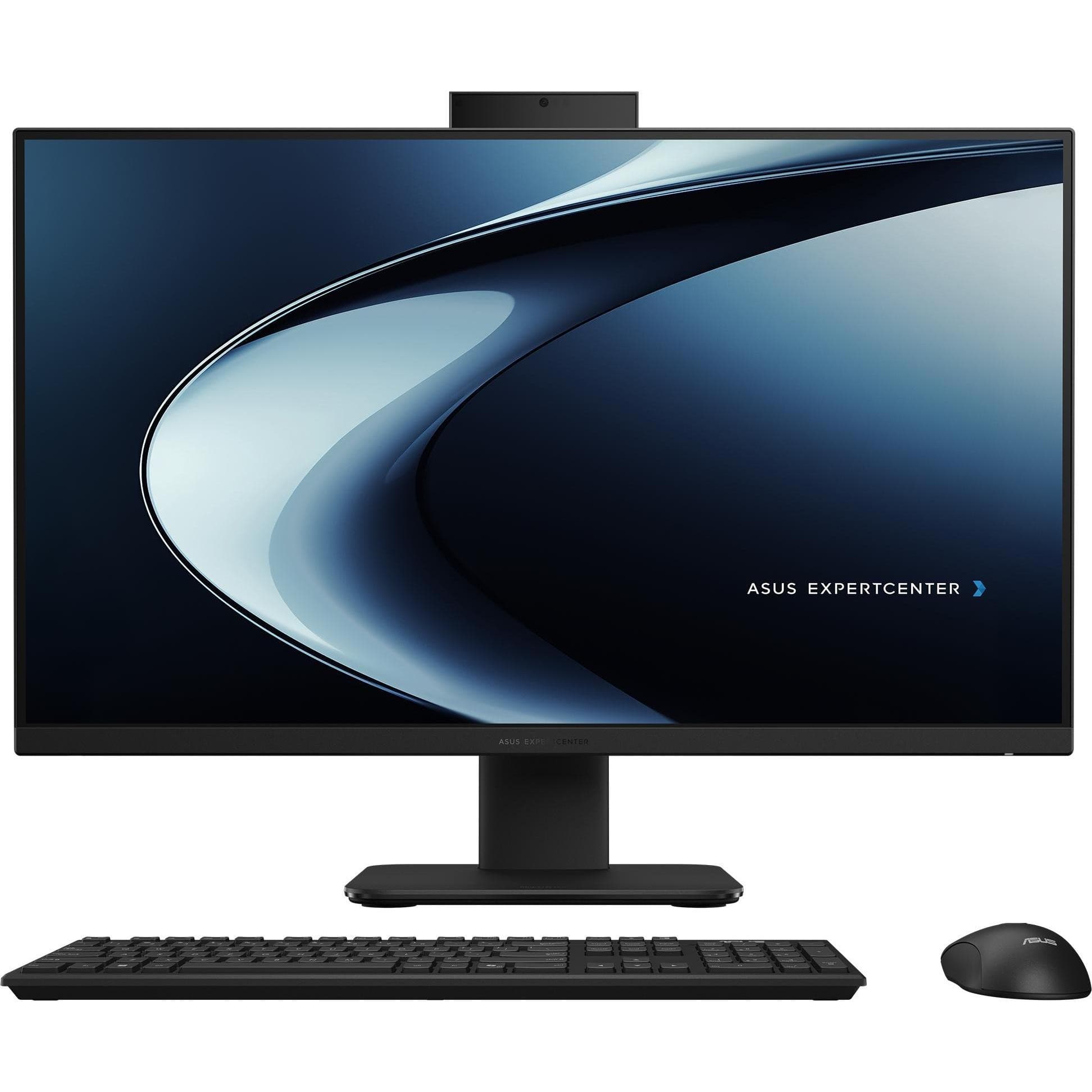 Sleek black ASUS ExpertCenter P400 AiO with a 23.8-inch display, featuring a thin bezel, integrated webcam, wireless keyboard, and mouse, ideal for professional use.