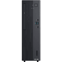 Black ASUS ExpertCenter SFF desktop with vertical grooves, front USB ports, power button, and ASUS logo at the bottom.