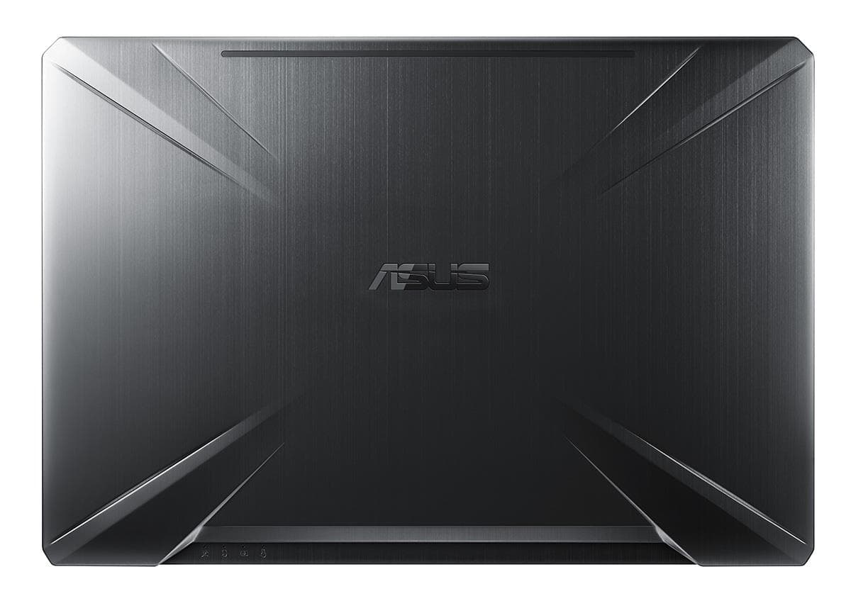 ASUS FX504GE-1A cover features a sleek, brushed metal finish in dark gray with angular design elements and the ASUS logo prominently displayed in the center.