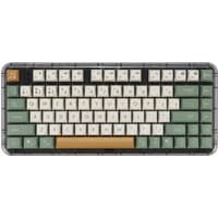 ASUS Jelly75 KD201 keyboard with green and white keys, gold spacebar, compact layout, USB and RF wireless connectivity.