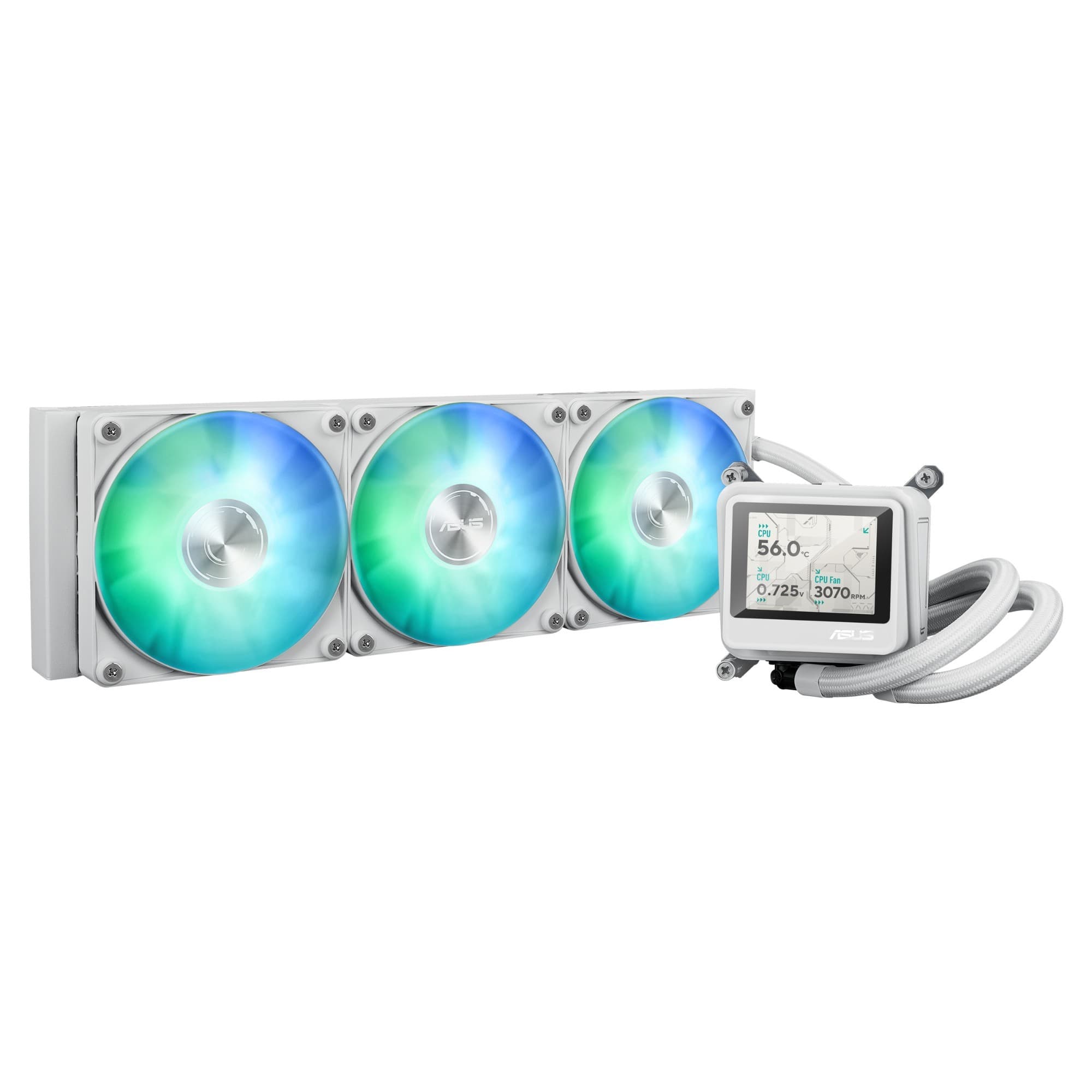 ASUS MAX Gaming LC 360 ARGB LCD White Edition features a white radiator with three RGB fans and a sleek LCD display for monitoring performance.
