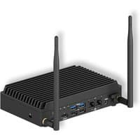Black ASUS NUC mini PC with dual antennas, ribbed top, multiple USB ports, and Ethernet connections.