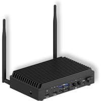 Black ASUS NUC 13 Rugged mini PC with ribbed design, dual antennas, and multiple front ports including USB and HDMI.