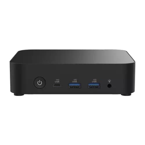 Compact black ASUS NUC 14 Essential featuring multiple USB ports, a power button, and a sleek, minimalist design suitable for various computing needs.