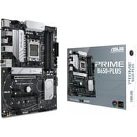 ASUS PRIME B650-PLUS motherboard, black ATX board with silver heatsinks, AM5 socket, next to branded box.