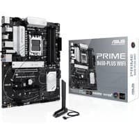 ASUS PRIME B650-PLUS WIFI motherboard, black with silver accents, ATX form factor, includes WiFi antenna and packaging.