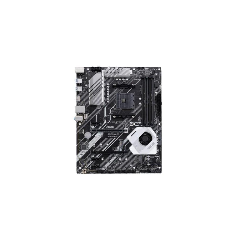 Black ATX motherboard featuring an AMD X570 socket, with a sleek design, silver accents, multiple PCIe slots, and a large cooling solution.