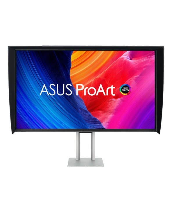 31.5” ASUS ProArt QD-OLED monitor with vibrant blue and orange display, sleek black bezel, and sturdy silver stand, designed for professional use.