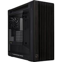 Black ASUS ProArt PA602 Wood Edition Midi Tower with wood accents, mesh front panel, and side cooling fan.