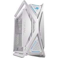 White ASUS ROG GR701 Hyperion PC case with angular design, transparent side panel, and blue LED accents.