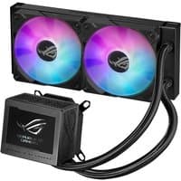 Black ASUS ROG Ryujin III 240 ARGB liquid cooler with dual 12 cm fans and RGB lighting, featuring a sleek design.