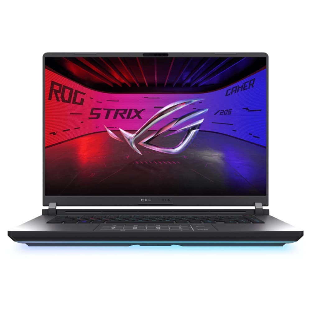 ASUS ROG Strix G16 laptop with a sleek silver and black design, featuring a 16-inch 2.5K display, illuminated keyboard, and NVIDIA GeForce RTX 5070 Ti graphics.