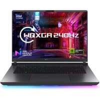 Black and grey ASUS ROG Strix G16 laptop, 16" display, RGB keyboard, sleek design, NVIDIA GeForce RTX 5080 graphics.