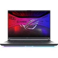 ASUS ROG Strix G18 laptop with RGB keyboard, large display, and sleek black design featuring ROG logo on screen.