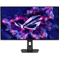 ASUS ROG Strix OLED monitor, 31.5-inch, 3840 resolution, sleek black frame, vibrant display with ROG logo design.
