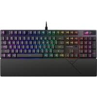 Black ASUS ROG STRIX SCOPE II RX gaming keyboard with RGB backlit keys and detachable wrist rest.