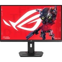 ASUS ROG Strix XG279CNS 27" gaming monitor with thin bezels, red and black design, and futuristic graphics on screen.