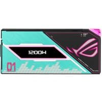 ASUS ROG Thor 1200W power supply, turquoise and pink design, digital display, and ROG logo.