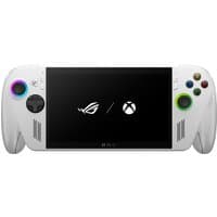 White ASUS ROG Xbox Ally portable game console with 7-inch screen, dual joysticks, and colorful button accents.
