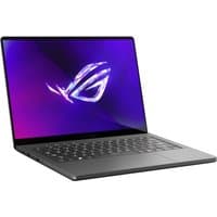 ASUS ROG Zephyrus G14 laptop, sleek black design, 14-inch display, illuminated logo on screen, backlit keyboard.