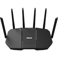 Black ASUS RT-BE90U wireless router with six antennas and central ASUS logo, featuring a sleek, angular design.