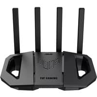 Black ASUS TUF BE3600 wireless router with four antennas and angular design, featuring TUF Gaming logo.