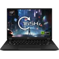 Black ASUS TUF Gaming A14 laptop, 14" screen, sleek design, backlit keyboard, NVIDIA GeForce RTX branding.