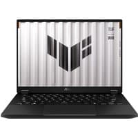 Black ASUS TUF Gaming A14 laptop with ribbed silver lid, bold TUF logo, and compact 35.6 cm display.