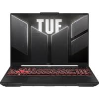 ASUS TUF Gaming A16 laptop, black with red backlit keyboard, large display, and bold "TUF" logo on screen.