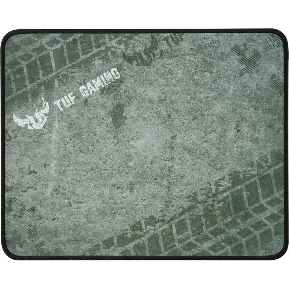 Durable green cloth gaming mouse pad featuring stitched edges and a textured surface, adorned with TUF Gaming branding and tire tread patterns.