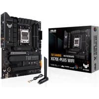 ASUS TUF GAMING X670E-PLUS WIFI motherboard, black with silver accents, AM5 socket, includes antenna and packaging.